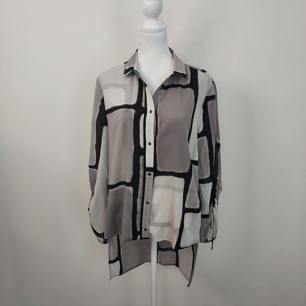 Halston Heritage Button Front Gray Colorblock Silk Blouse Size 10